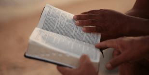 People reading an opened Bible